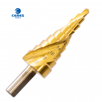 Three flat HSS4241 roll forged spiral flute titanium coated 3-20mm hss step drill bits for metal drilling